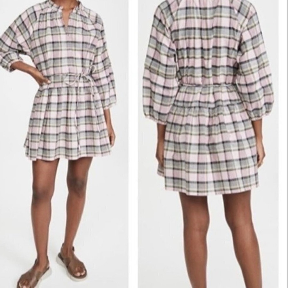 Apiece Apart Laguna Pink Green Plaid Tiered Cotton Mini Dress Womens Size M